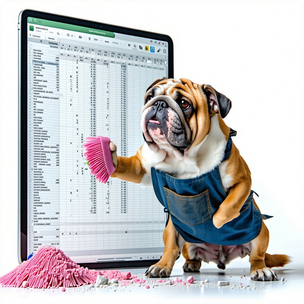 3 Bulldog Scrubbing Dirty DataA determined Bulldog wearing a cleaning apron energetically scrubbing a large digital spreadsheet displayed on a tablet Some numbers and letters are smudged and unreadable but as the dog cleans they become crisp and clea-1