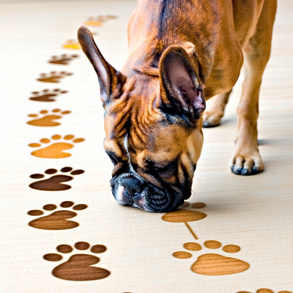 A French Bulldog sniffing through a trail of footprints each labeled with different customer engagement levelssome faint and some bold The dogs nose leads directly to the Most Engaged footprint visually representing how lead scoring prioritizes the b