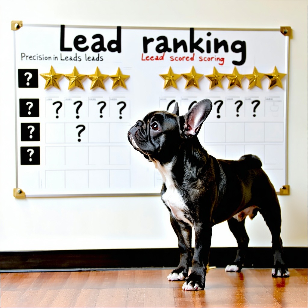 A French Bulldog standing confidently in front of a lead ranking board where some leads are marked with gold stars and others with question marks The dog is sniffing the highestscored leads emphasizing precision in lead scoring-1