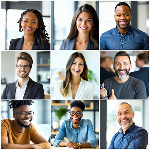 A collage or series of images depicting happy successful B2B customers diverse industries professional settings The key is to convey trust and results The photos should be professionally styled