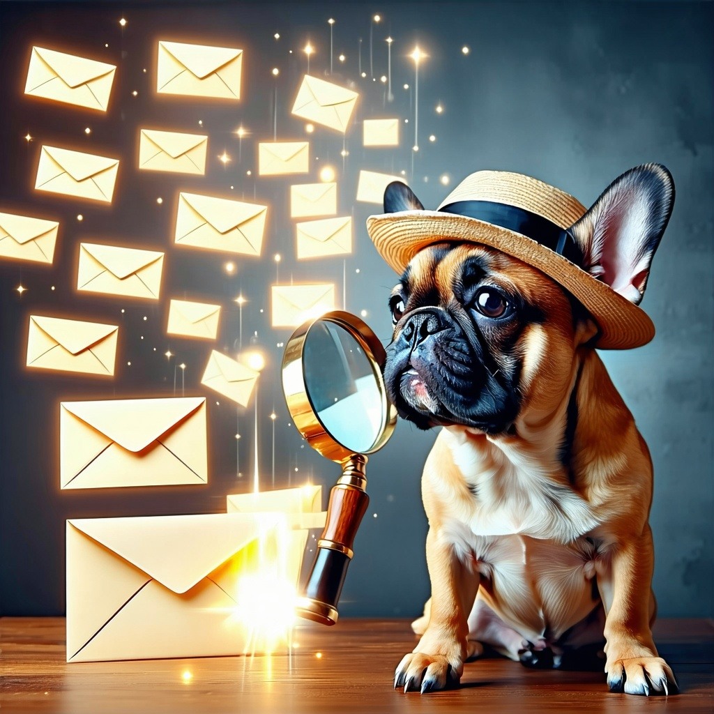A curious French Bulldog wearing a detective hat and magnifying glass sniffing a row of business leads represented as envelopes some glowing brightly to indicate highquality prospects A fun engaging representation of lead scoring at work-1
