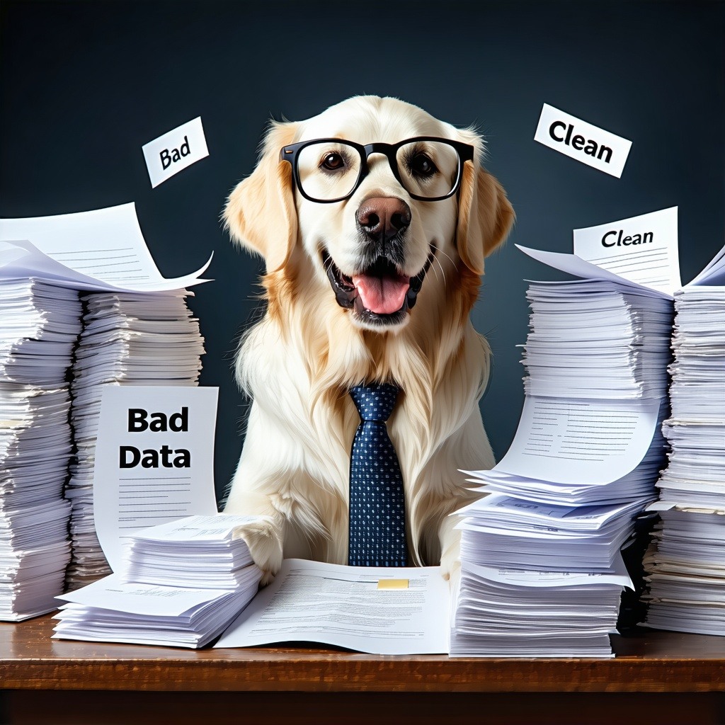 A friendly Golden Retriever wearing reading glasses and a business tie sitting at a desk with two piles of documents One pile is messy with crumpled unreadable pages labeled Bad Data while the other is neatly stacked and glowing labeled Clean Data Th-1