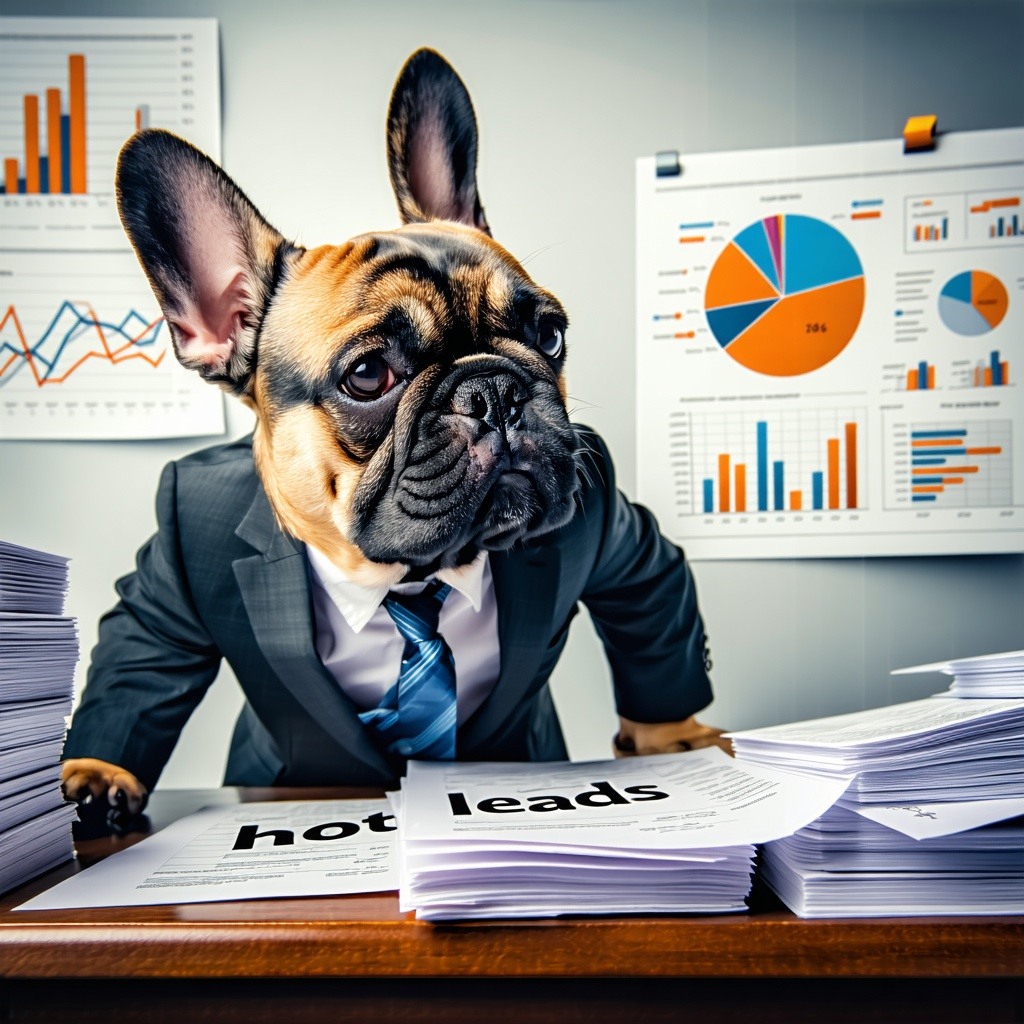 A playful French Bulldog in a business suit sniffing out stacks of customer profiles wagging its tail excitedly at the ones marked as hot leads while ignoring the lowpriority ones The background features subtle marketing charts and graphs