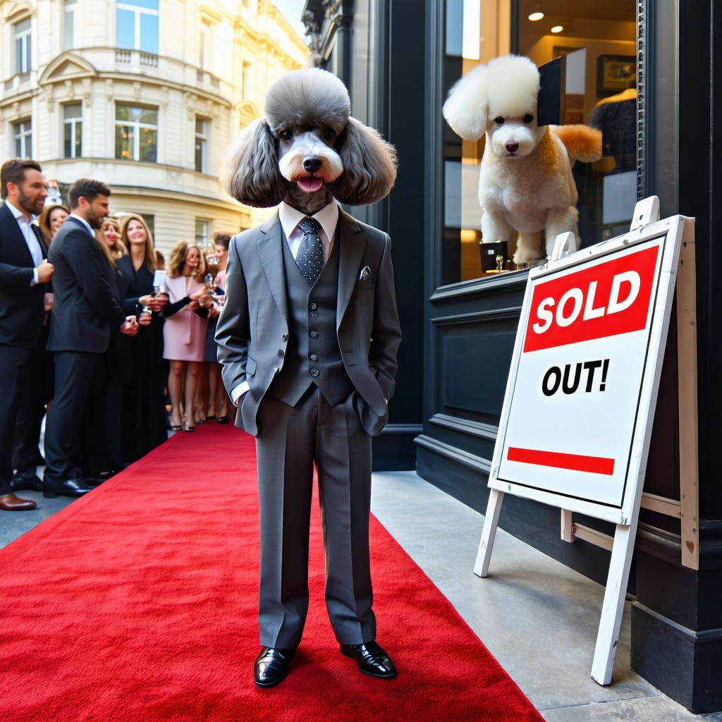 A stylish Poodle dressed in an elegant business suit stands on a red carpet next to a popup boutique A line of customers other dogs eagerly wait as a Sold Out sign is placed on a highend display A billboard in the background showcases the brands logo-1