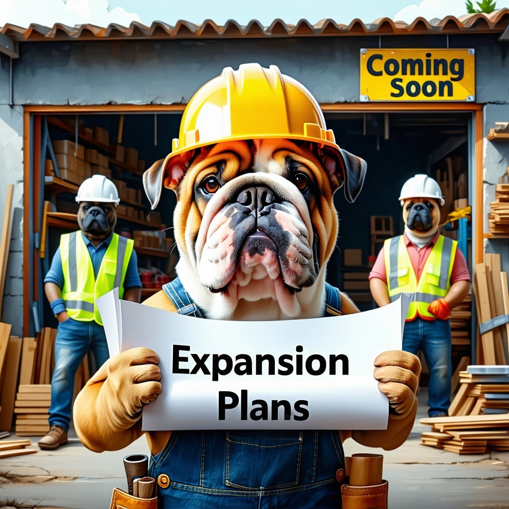 A tough yet lovable Bulldog in a construction hat stands in front of a small shop proudly holding blueprints labeled Expansion Plans Behind him workers other dogs in safety vests are building an extension to the store with Coming Soon signs hanging o