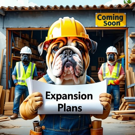 A tough yet lovable Bulldog in a construction hat stands in front of a small shop proudly holding blueprints labeled Expansion Plans Behind him workers other dogs in safety vests are building an extension to the store with Coming Soon signs hanging o