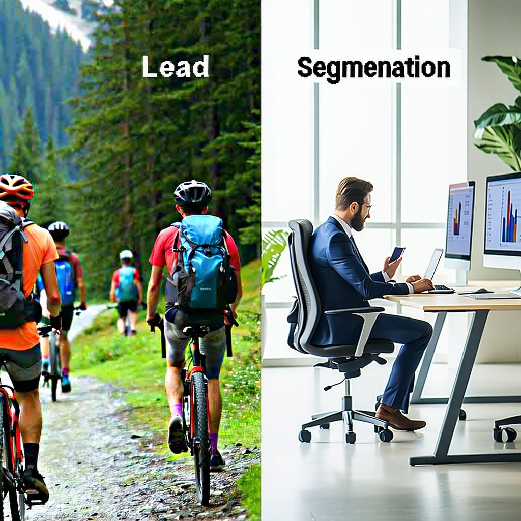 A vertically split image illustrating lead segmentation On the left a vibrant outdoor scene with casually dressed hikers and cyclists enjoying nature receiving adventurethemed digital ads on their smartphones and billboards tailored to their lifestyl-1