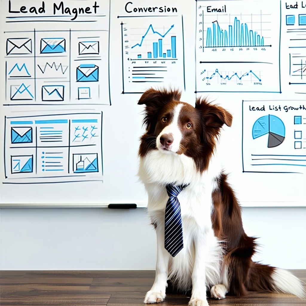 Border Collie Analyzing Lead DataA smartlooking Border Collie wearing a tie standing in front of a whiteboard filled with marketing strategy diagrams The board includes words like Lead Magnet Conversion Rate and Email List Growth The dog looks though-1