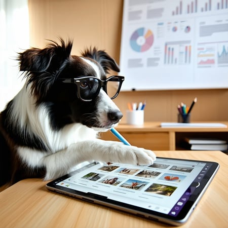 Border Collie Editing AI Content on a TabletA highly focused Border Collie wearing stylish glasses tapping on a tablet screen with a paw The tablet displays an AIpowered content creation tool with text suggestions and images being arranged automatica