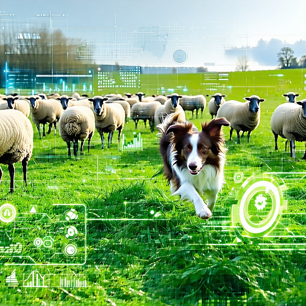 Border Collie Herding Accurate DataA smart Border Collie in a grassy field herding digital data sheep Some sheep are bright and wellgroomed representing clean useful data while others are dirty and tangled representing duplicate or incorrect data The