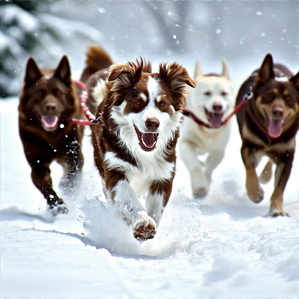 Create me a detailed image of a dog that shows several other dogs bringing the main dog in the image leads to him in a snow or winter background