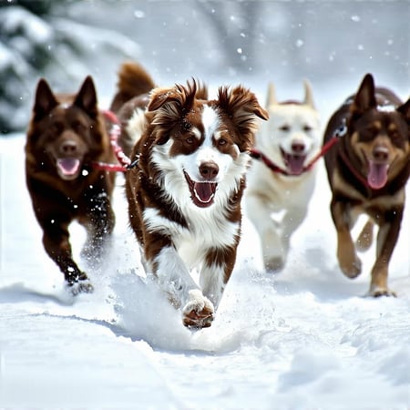 Create me a detailed image of a dog that shows several other dogs bringing the main dog in the image leads to him in a snow or winter background