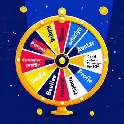 Create me a game show wheel that someone spins to win a prize The items on the wheel are represented as the followingPersona obviouslyCustomer AvatarCustomer CharacterisationsIdeal Customer Profile ICPBuyer ProfileUser ArchetypeTarget Audience Segmen