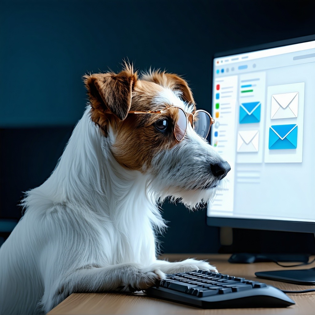 Create me an image cool looking dog looking at a computer screen as if hes operating it with a few emails being displayed-1