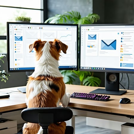 Create me an image in an office based environment taxis bright and sunny which has an excited looking dog looking at three computer screens as if the dog is operating the screens and the screens are displaying emails coming through-1
