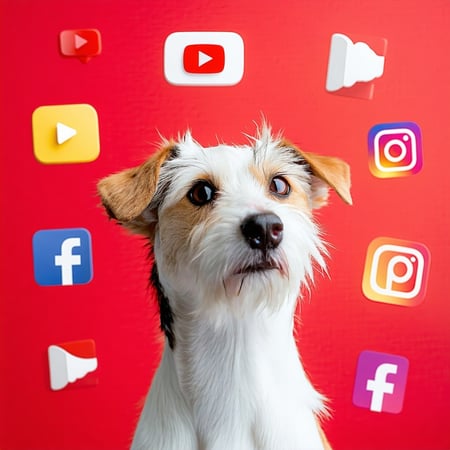 Create me an image of a dog looking at all of the social media platforms YouTube TikTok Instagram Pinterest Facebook-1