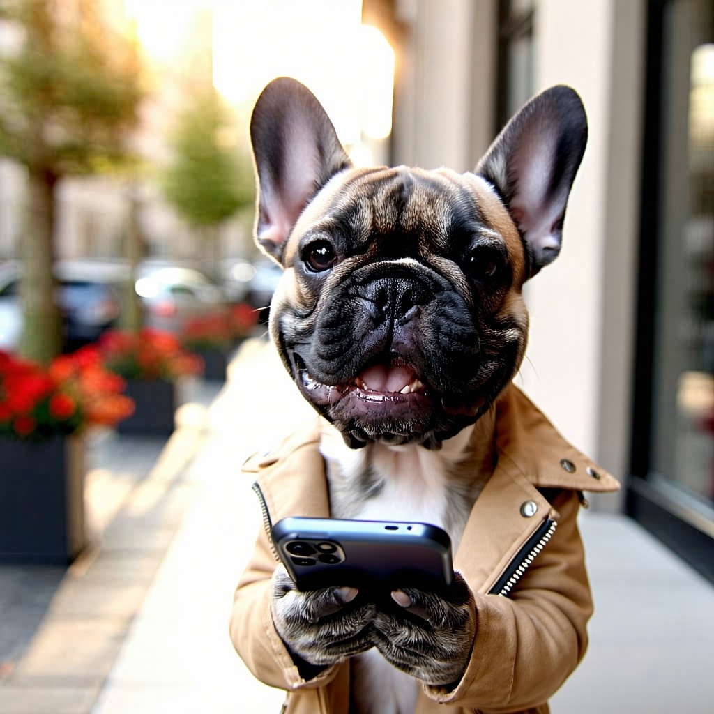 Create me an image of an intelligent looking French bulldog dog holding his mobile with his paws looking happy out side a building with the sun shining