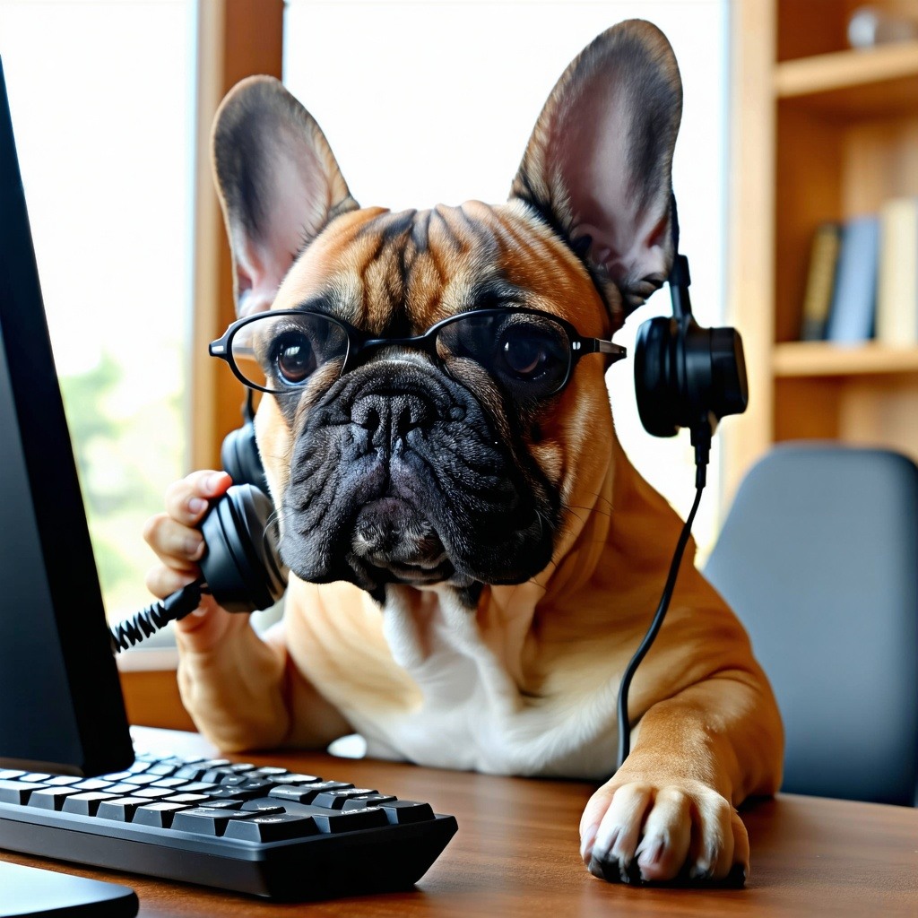 Create me an image of cool looking French bulldog dog making a call on the telephone in front of a computer looking happy-1