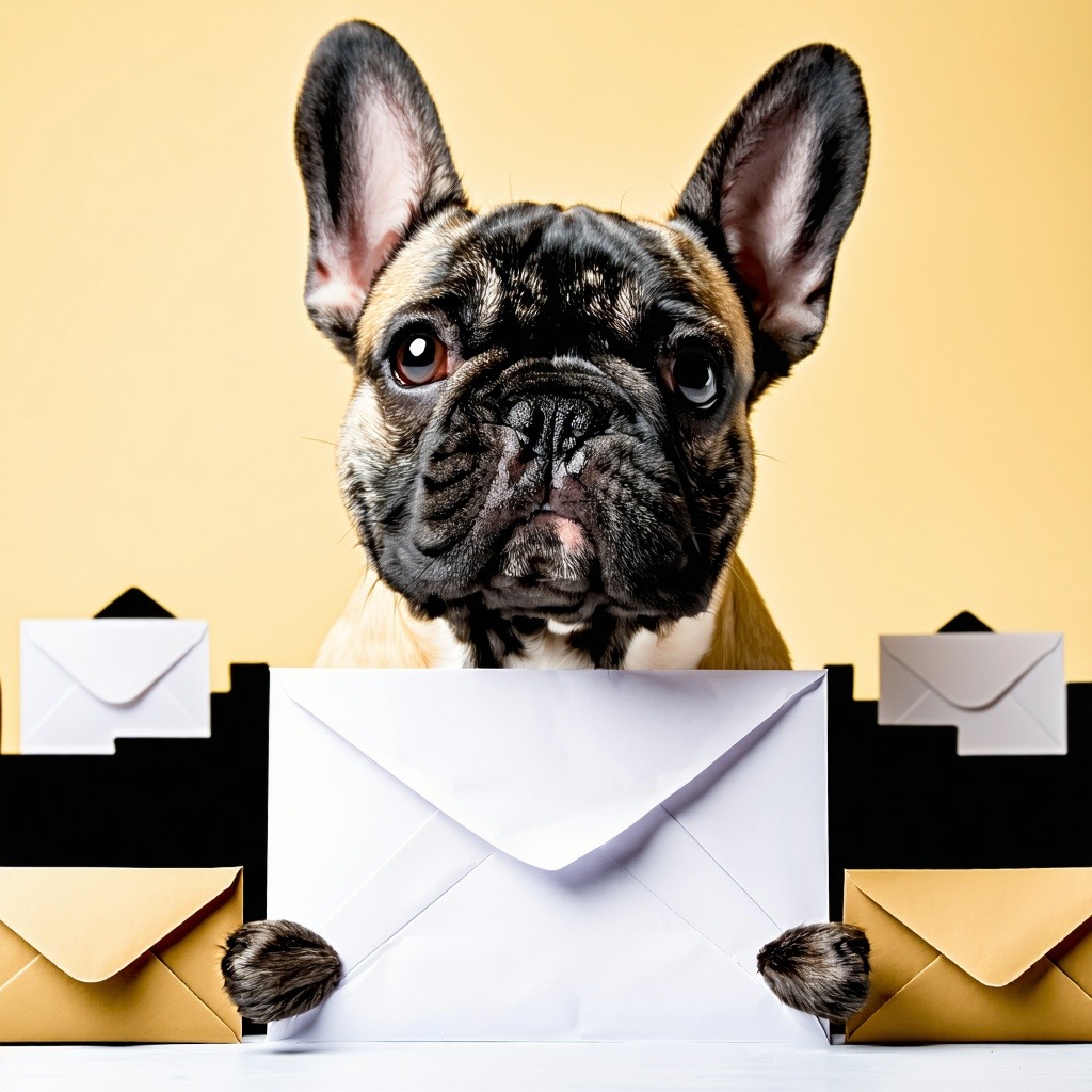 Create me an image of emails being the foundation of a business being built with a cool looking French bulldog dog in the picture looking pleased-1