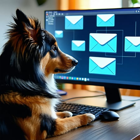 Create me an image with a dog looking at a computer screen or screens with emails on the screens-1