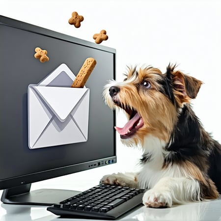 Create me an image with a dog looking excited while looking at a computer screen with an email with a doggy treat coming out of the screen