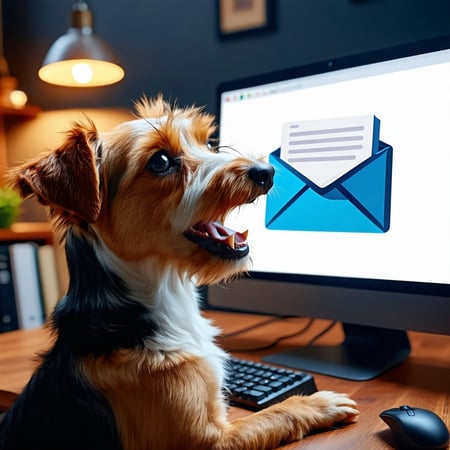 Create me an image with an excited dog looking at an EyeCatching Designed Email on a computer screen-1