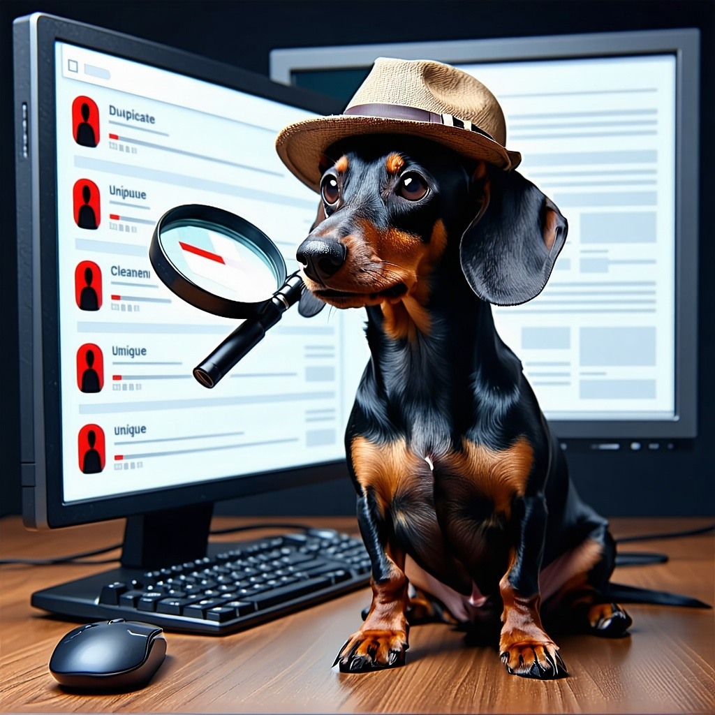 Dachshund Sniffing Out DuplicatesA curious Dachshund with a detectives hat and magnifying glass sniffing out duplicate customer profiles displayed on a giant computer screen Some entries are highlighted in red indicating errors while the dog wags its-1