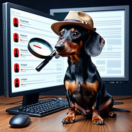 Dachshund Sniffing Out DuplicatesA curious Dachshund with a detectives hat and magnifying glass sniffing out duplicate customer profiles displayed on a giant computer screen Some entries are highlighted in red indicating errors while the dog wags its-1