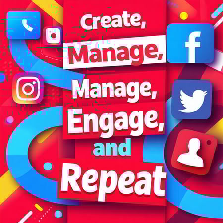 Design a visually striking headline image for a social media management service page incorporating the dynamic phrase Create Manage Engage and Repeat The image should feature vibrant colors and engaging graphics that symbolize the cyclical nature of-1
