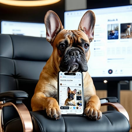 French Bulldog Reviewing AIGenerated Social Media Posts on a Mobile PhoneA trendy French Bulldog sitting on a highend office chair holding a smartphone WITH MUST BE A DOG PAW while reviewing AIgenerated social media content The phone screen shows an-1