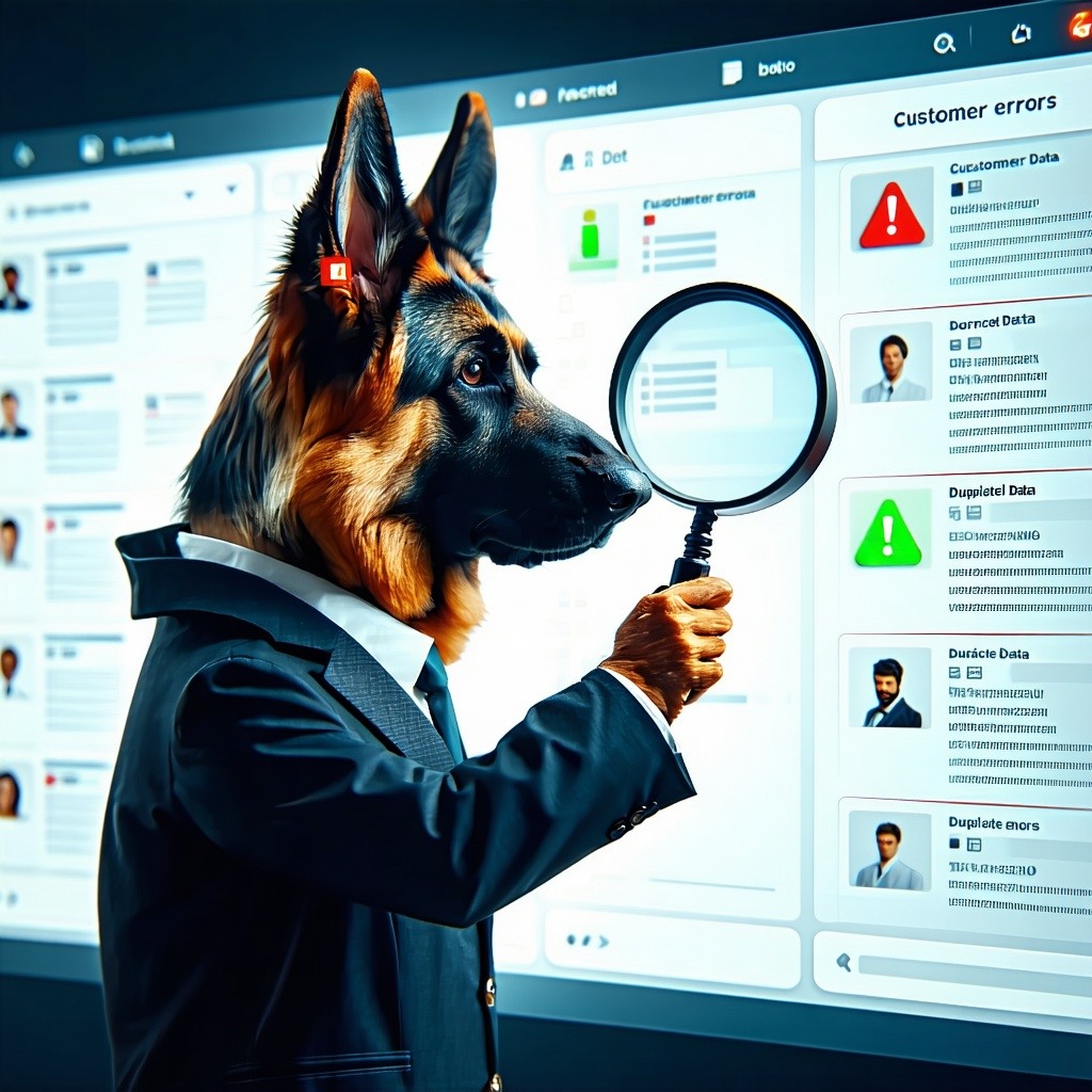 German Shepherd Detecting Errors in DataA focused German Shepherd dressed as a data security officer using a magnifying glass to inspect a digital screen filled with customer records Some entries are glowing green while others have red warning symbo