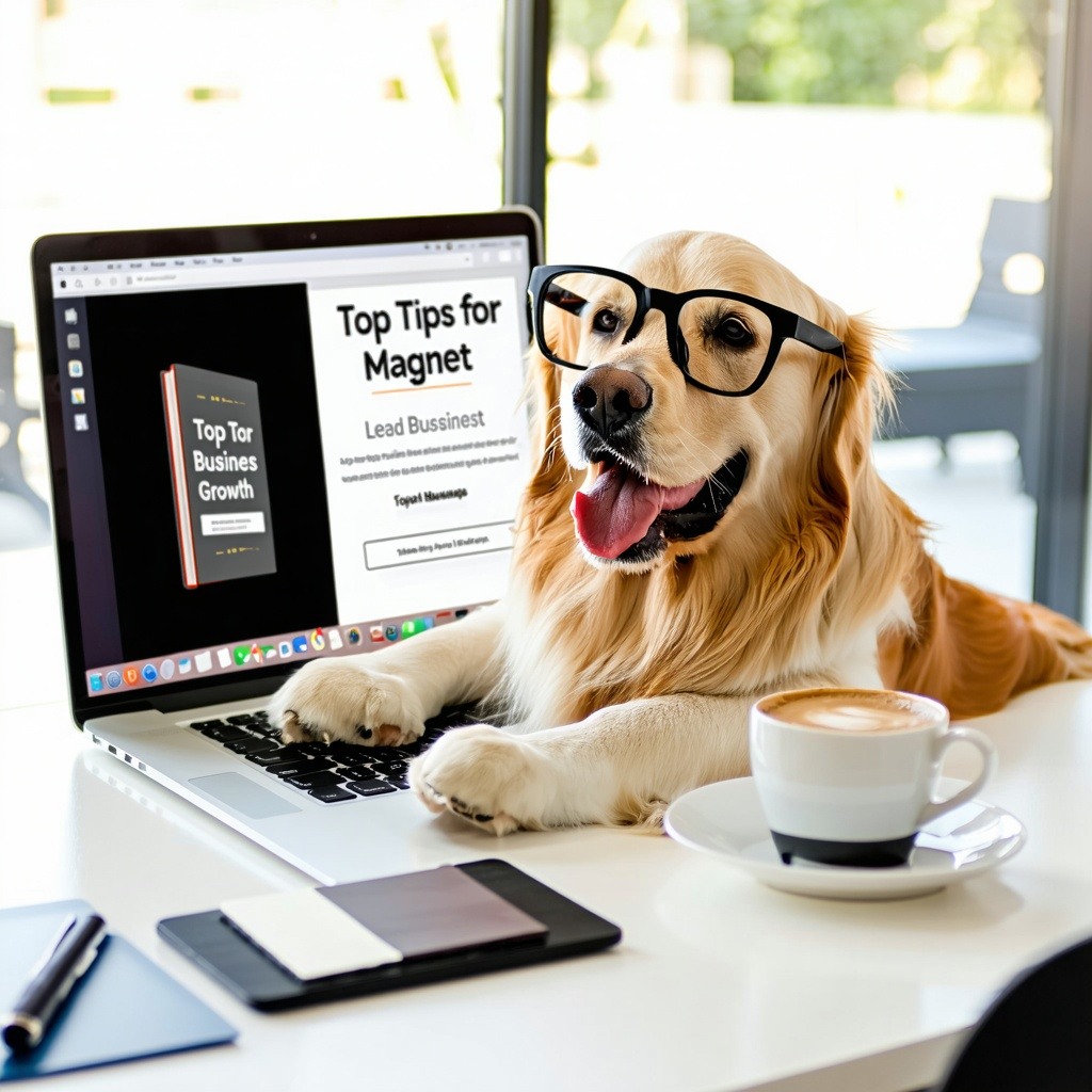 Golden Retriever Designing a Lead MagnetA cheerful Golden Retriever sitting at a sleek office desk happily typing on a laptop while designing a lead magnet The screen shows an eyecatching eBook cover with the words Top Tips for Business Growth The do