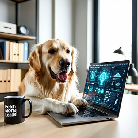 Golden Retriever Generating AI Content on a LaptopA cheerful Golden Retriever sitting at a modern office desk happily typing on a sleek laptop The screen displays AIpowered content being generated with text and graphics appearing dynamically The offi