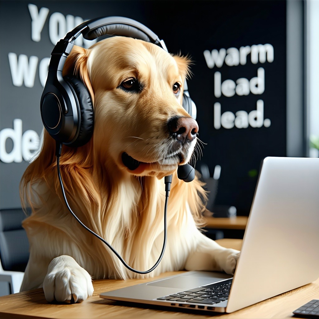 Golden Retriever with HeadsetA friendly Golden Retriever wearing a sleek headset sitting at a modern office desk with a laptop open attentively making a warm lead call The office setting is professional yet inviting with soft lighting and motivationa