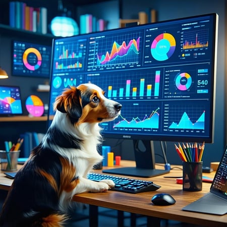 Imagine a clever attentive dog sitting in front of a large computer screen its head tilted slightly as it analyzes an array of colorful graphs and charts The screen displays key performance metrics vibrant line graphs tracking view counts and watch t