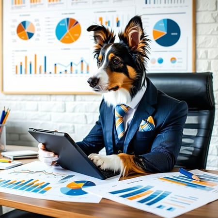 Imagine a confident savvy dog dressed in a stylish business suit sitting at a sleek modern desk adorned with marketing materials and analytics reports This canine marketing expert is intently analyzing customer feedback on a tablet its ears perked up
