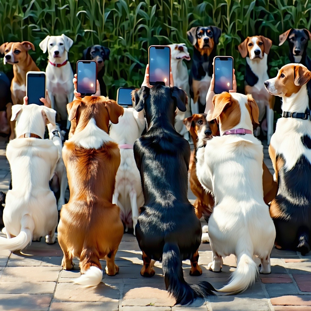 Imagine a lively scene featuring a diverse group of dogs each uniquely adorned with varying fur patterns and colors gathered together in a playful setting Their backs face the viewer showcasing their distinct breedsperhaps a fluffy Golden Retriever a