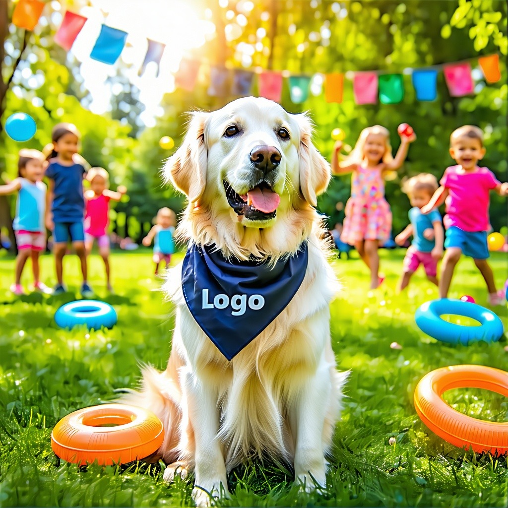 Imagine a vibrant scene featuring a charismatic dog perhaps a golden retriever sitting proudly in a sunlit park The dog is wearing a stylish bandana emblazoned with the brands logo its expressive eyes sparkling with energy and friendliness Surroundin-1