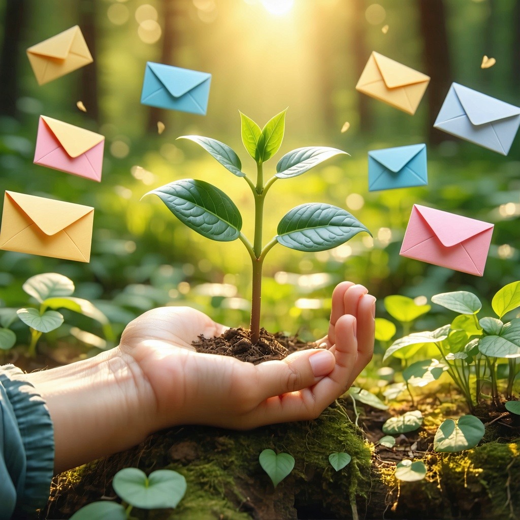 Imagine a vibrant scene where a hand gently cradles a small sprouting plant its tender leaves unfurling in the warm sunlight Surrounding the plant are colorful envelopes each adorned with encouraging words and nurturing messages symbolizing the suppo