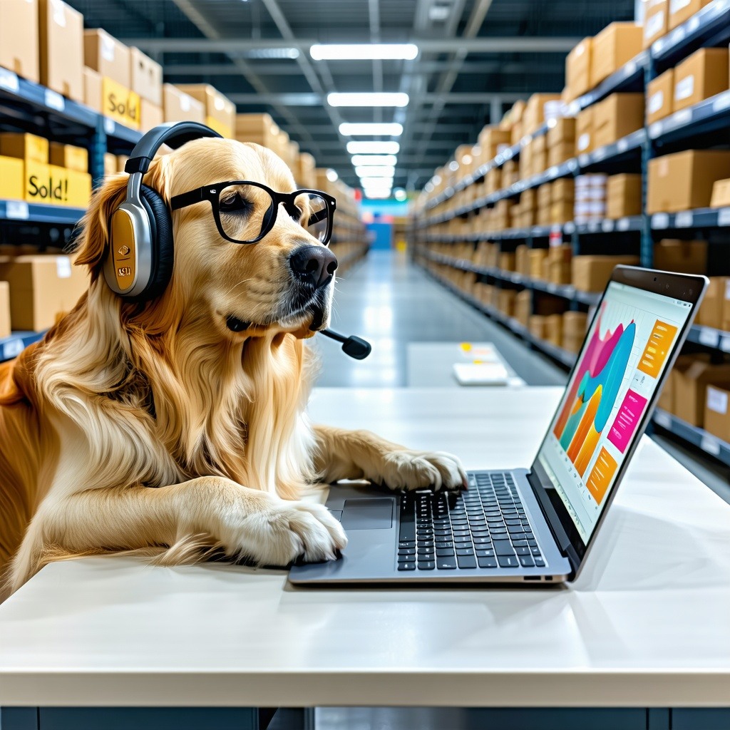 In a modern office environment a focused Golden Retriever sporting stylish glasses and a hightech headset is intently engaged at a polished desk where his paws deftly navigate the keyboard of a sleek laptop displaying colorful sales charts The backdr