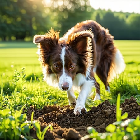 In a sundrenched field a lively border collie stands alert its keen eyes scanning the lush green grass while its nose is buried deep into the earthy ground searching for hidden treasures The dogs ears perk up with every rustle embodying both curiosit