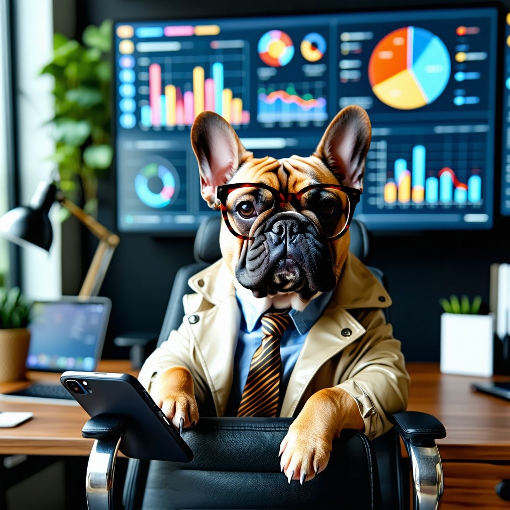 In a vibrant modern office a charismatic French Bulldog perches comfortably on a sleek ergonomic office chair exuding an air of professionalism With one paw deftly cradling a mobile phone pressed to its ear the pup wears a pair of fashionable oversiz