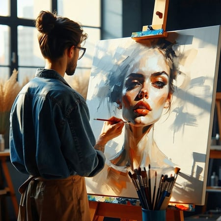 In a vibrant modern studio bathed in soft warm backlight a solitary artist stands before a digital easel deeply engrossed in capturing the essence of an imaginary customer The dynamic shadows cast by the late afternoon sun dance across the canvas hig-1