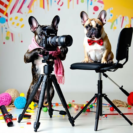 In a vibrant studio brimming with energy a delightful French Bulldog draped in a stylish scarf skillfully operates a professional video camera perched on a robust tripod WITH ITS PAWS its tail wagging enthusiastically with each adjustment it makes Ne-2