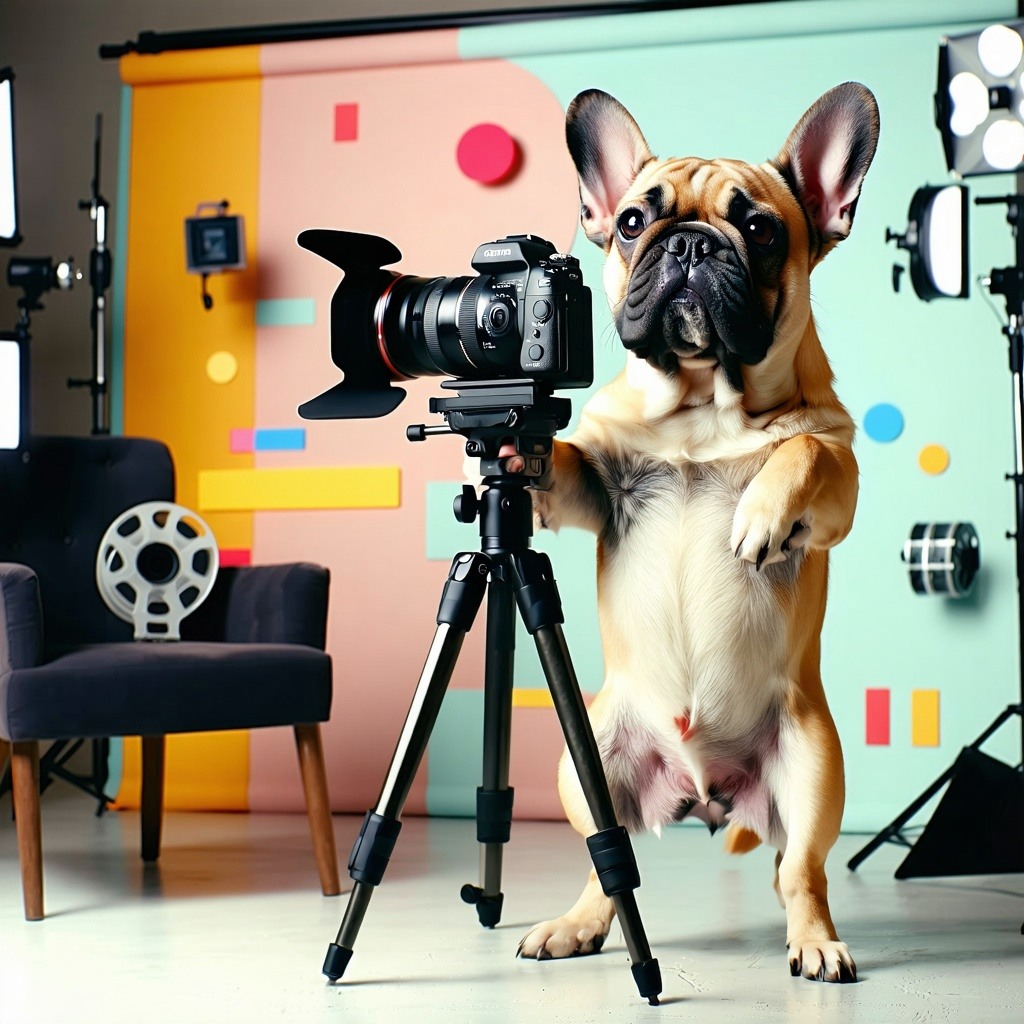 In a vibrant studio environment a charming and mischievous French Bulldog stands on its hind legs expertly maneuvering a professional video camera mounted on a sturdy tripod Its expressive eyes gleam with enthusiasm as it captures the scene before it-1