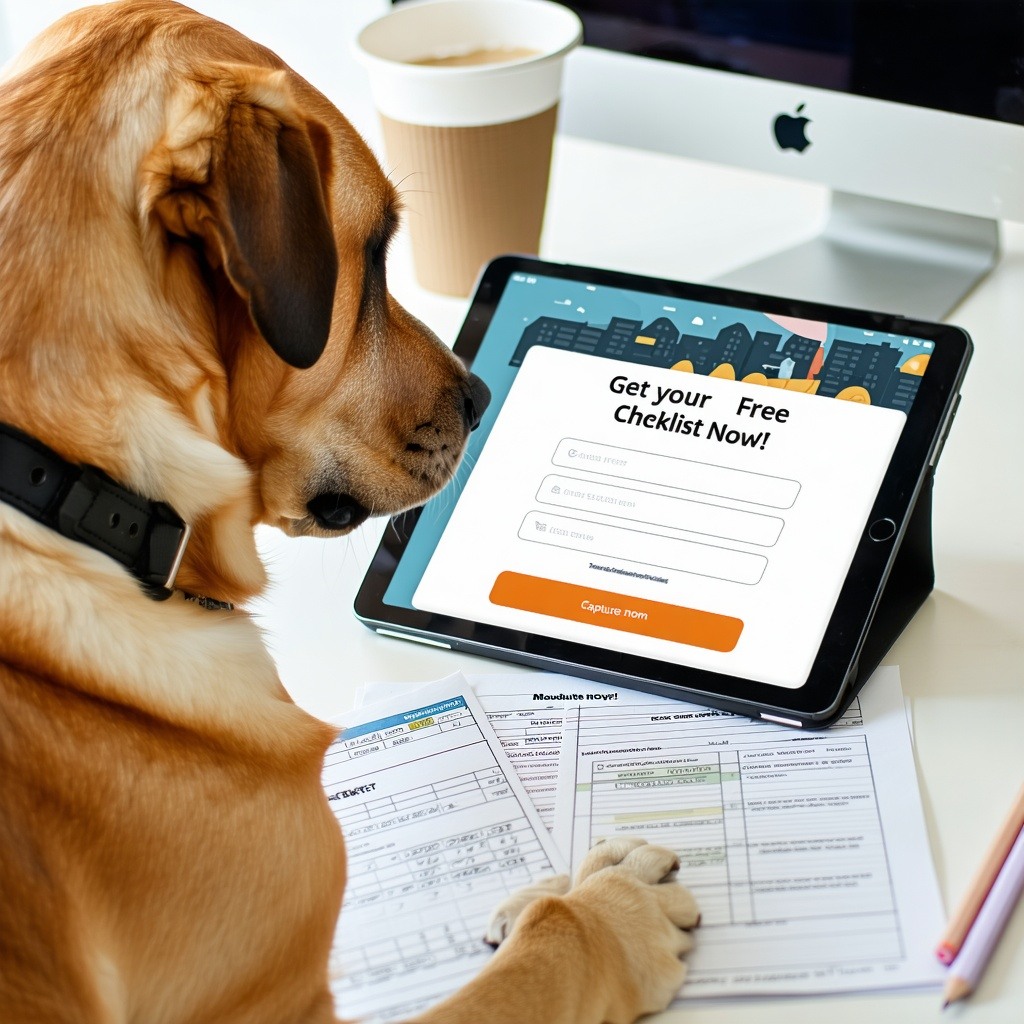 Labrador Retriever Collecting Leads on a TabletA techsavvy Labrador Retriever sitting at a modern office desk tapping on a tablet screen displaying a lead capture form The screen shows a popup saying Get Your Free Checklist Now with an email entry fi-1