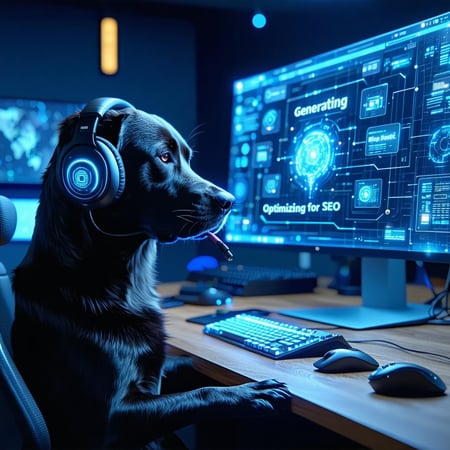Labrador Retriever Using Voice Commands to Generate AI ContentA techsavvy Labrador Retriever wearing a headset sitting at a futuristiclooking desk The dog is using voice commands to instruct an AI assistant with text appearing on a large computer scr