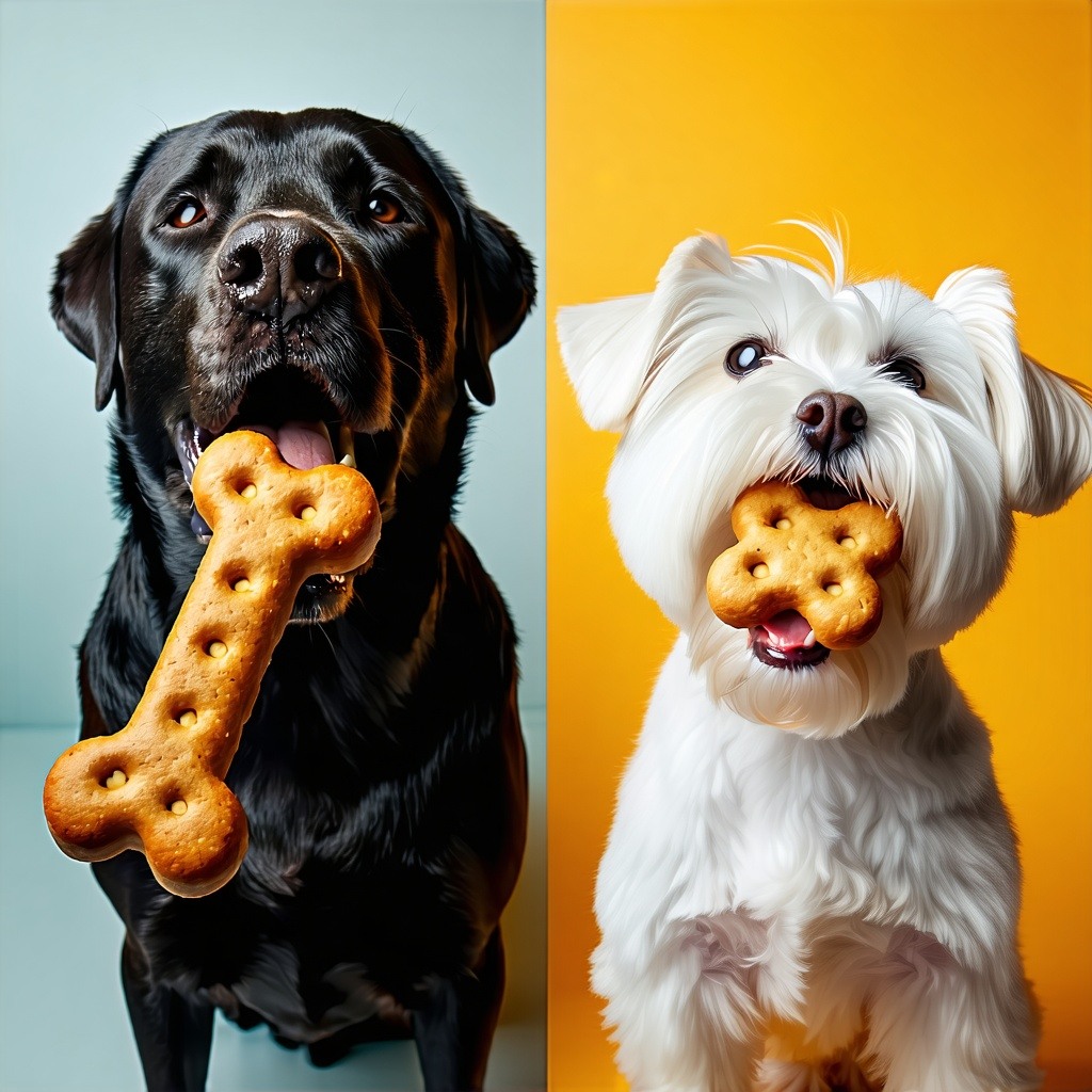 The image is vividly divided into two halves showcasing a dynamic contrast between two dog breeds each receiving treats that cater to their unique physical characteristics and nutritional needs On the left the robust Labrador Retriever with its shiny